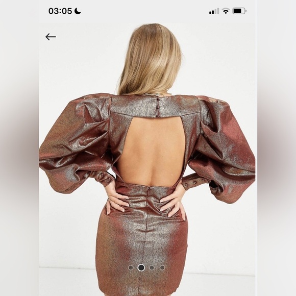 ASOS DESIGN Size 2 Super Sleeve Metallic Open Square Back Tux Mini Dress Gold - Picture 2 of 11